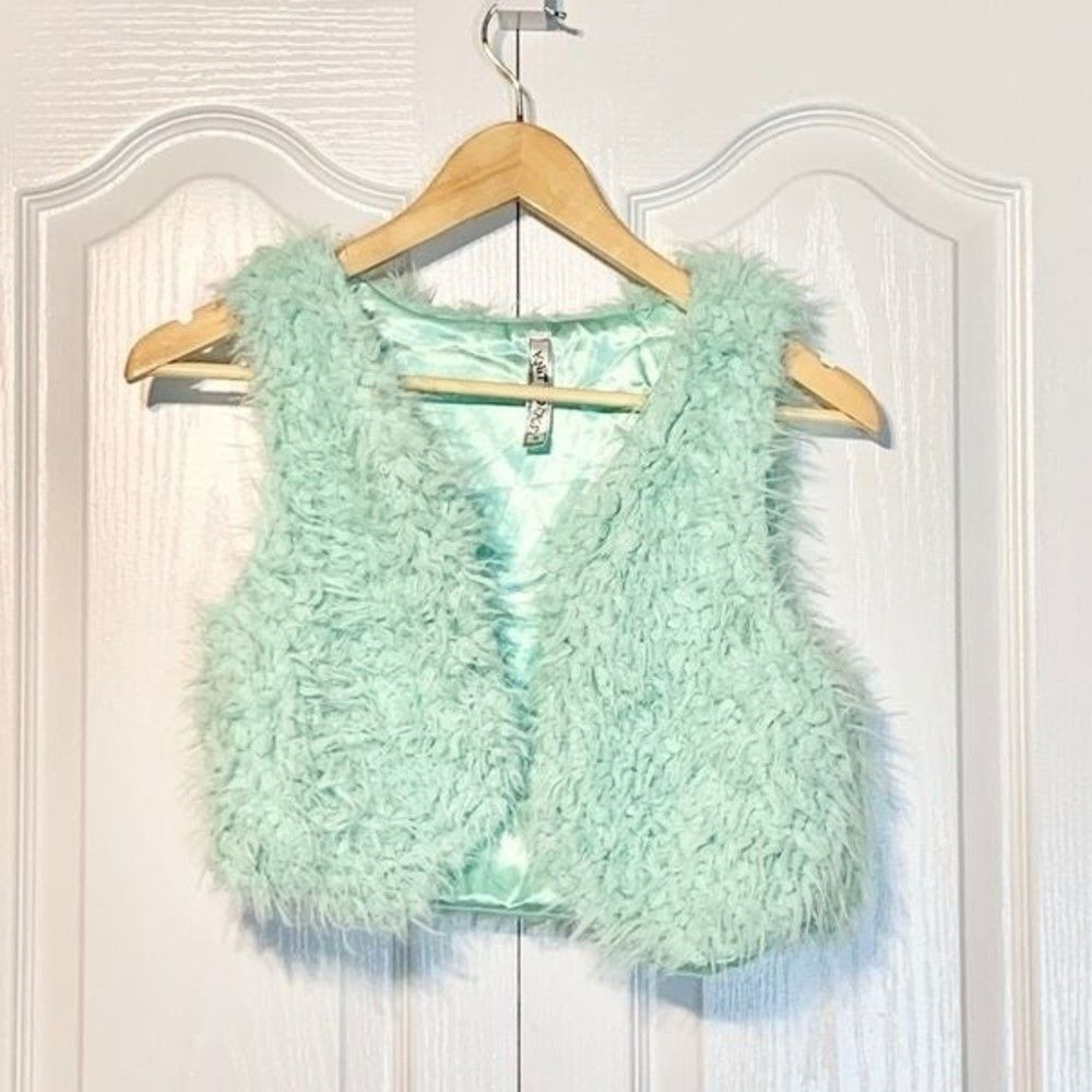 2/$10! Knit Works Fuzzy Aqua Open Sleeveless Vest Cardigan Size 12